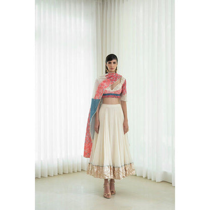 MANDIRA WIRK Printed Patchwork Ivory Blouse with Skirt and Dupatta