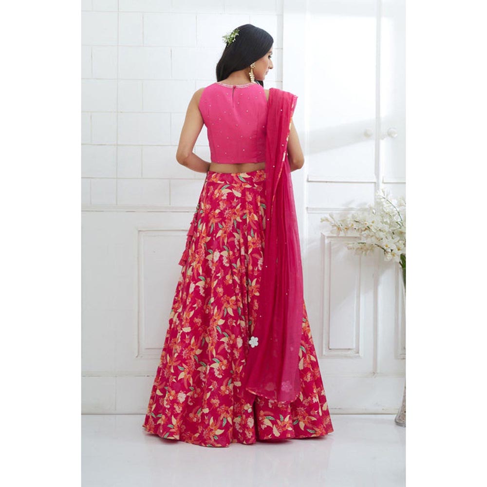 MANDIRA WIRK Fuchsia Embroidered Printed Lehenga Blouse With Dupatta