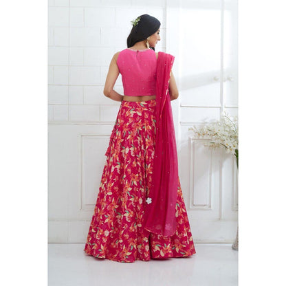 MANDIRA WIRK Fuchsia Embroidered Printed Lehenga Blouse With Dupatta