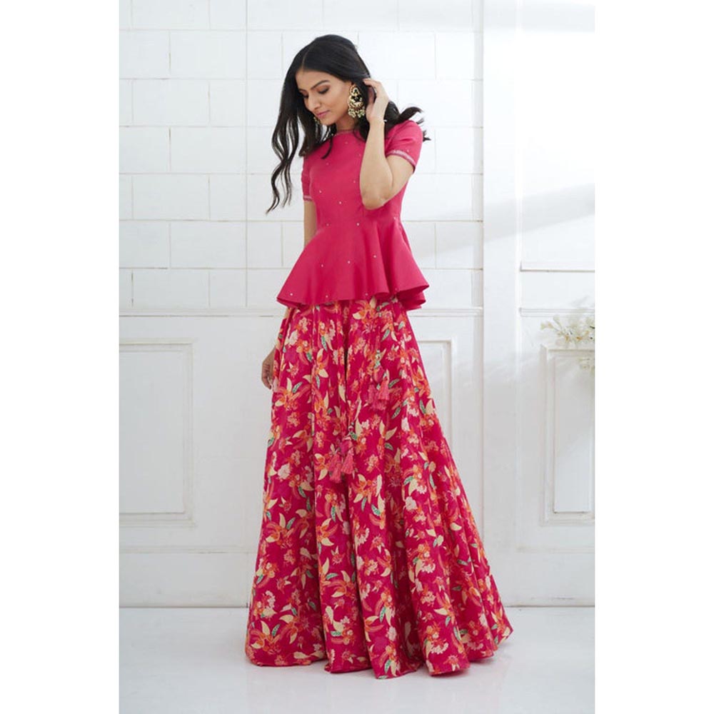 MANDIRA WIRK Fuchsia Embroidered Peplum With Printed Lehenga
