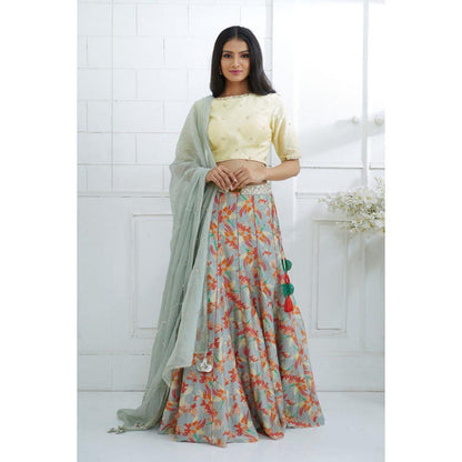 MANDIRA WIRK Pale Yellow Printed Lehenga Blouse With Dupatta