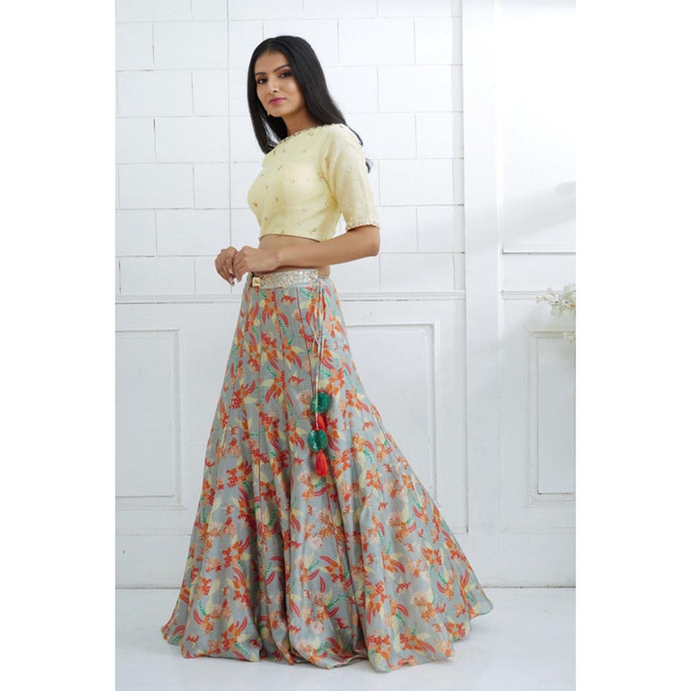MANDIRA WIRK Pale Yellow Printed Lehenga Blouse With Dupatta