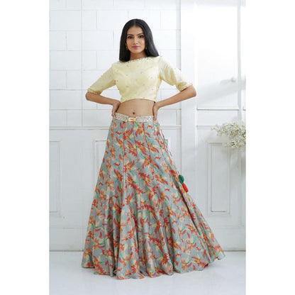 MANDIRA WIRK Pale Yellow Printed Lehenga Blouse With Dupatta