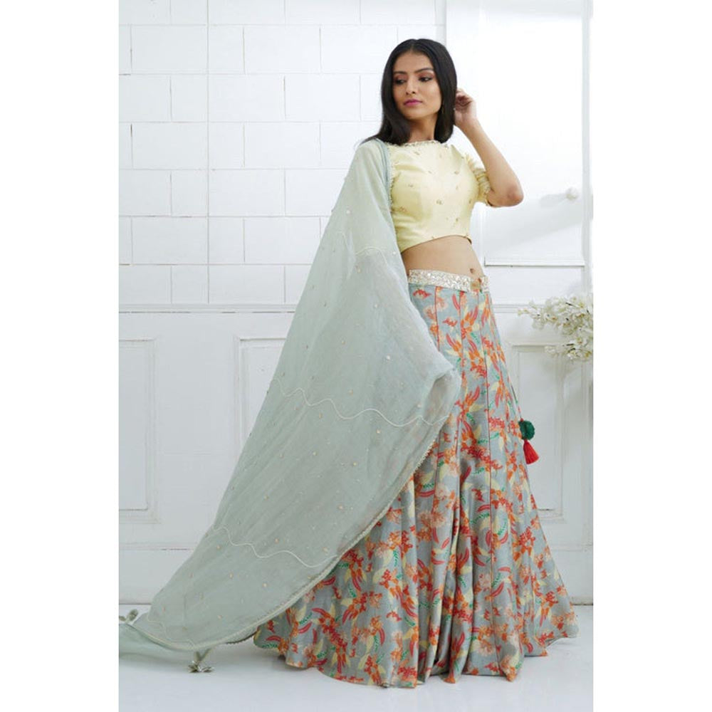 MANDIRA WIRK Pale Yellow Printed Lehenga Blouse With Dupatta