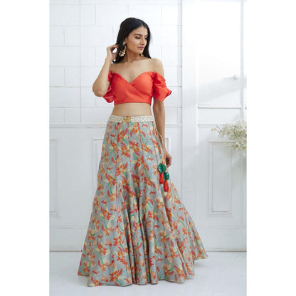 MANDIRA WIRK Orange Off Shoulder Printed Lehenga
