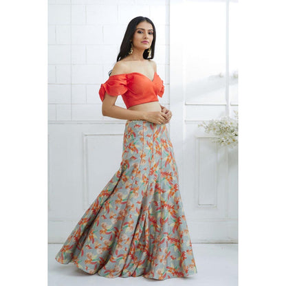 MANDIRA WIRK Orange Off Shoulder Printed Lehenga