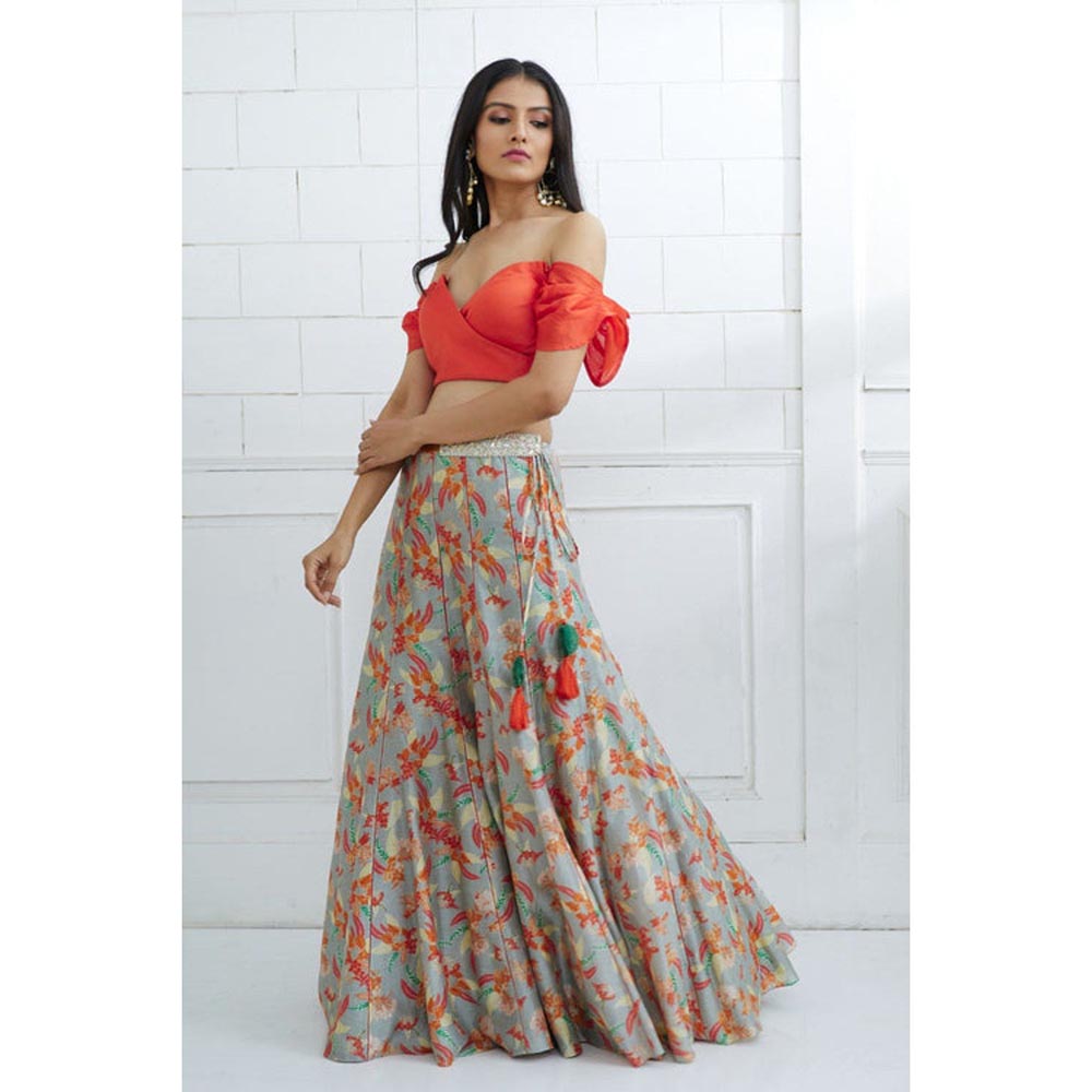MANDIRA WIRK Orange Off Shoulder Printed Lehenga