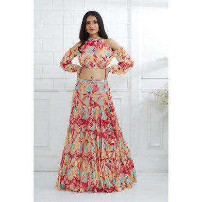 MANDIRA WIRK Multicolour Embroidered Top With Tiered Lehenga
