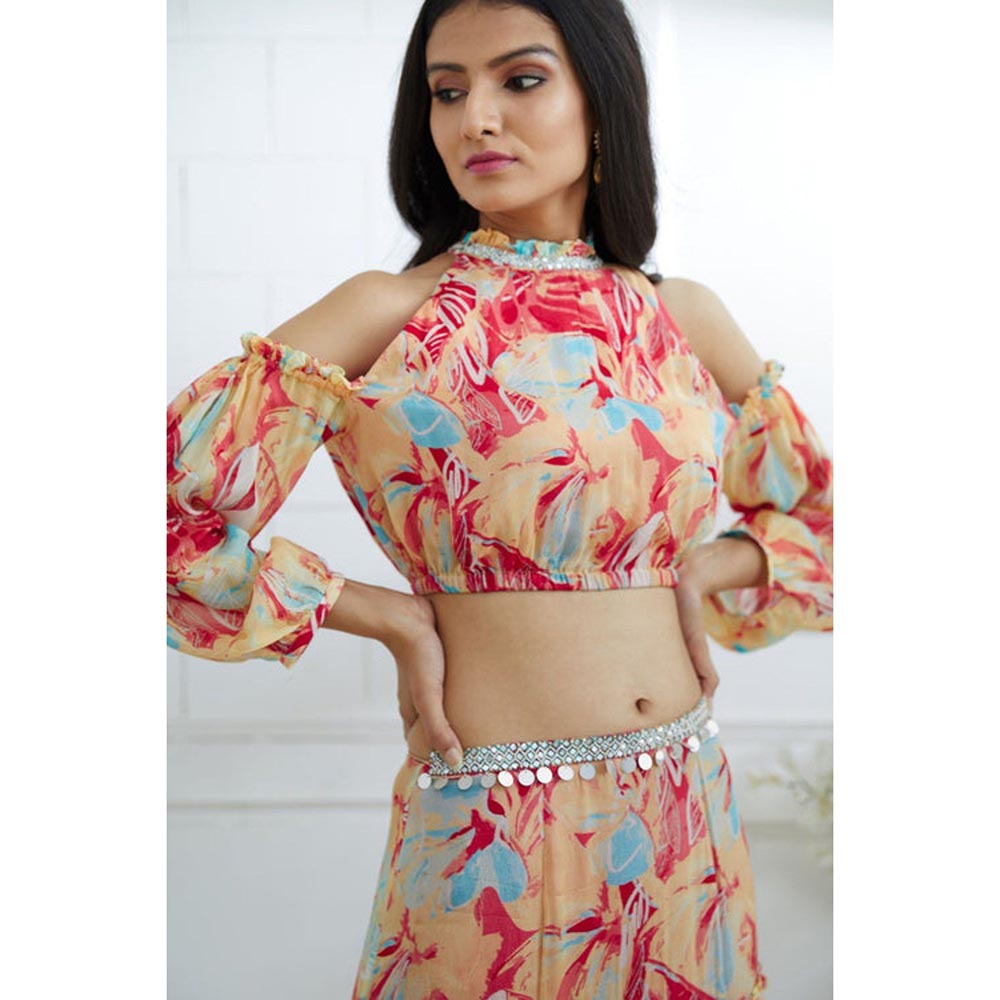 MANDIRA WIRK Multicolour Embroidered Top With Tiered Lehenga