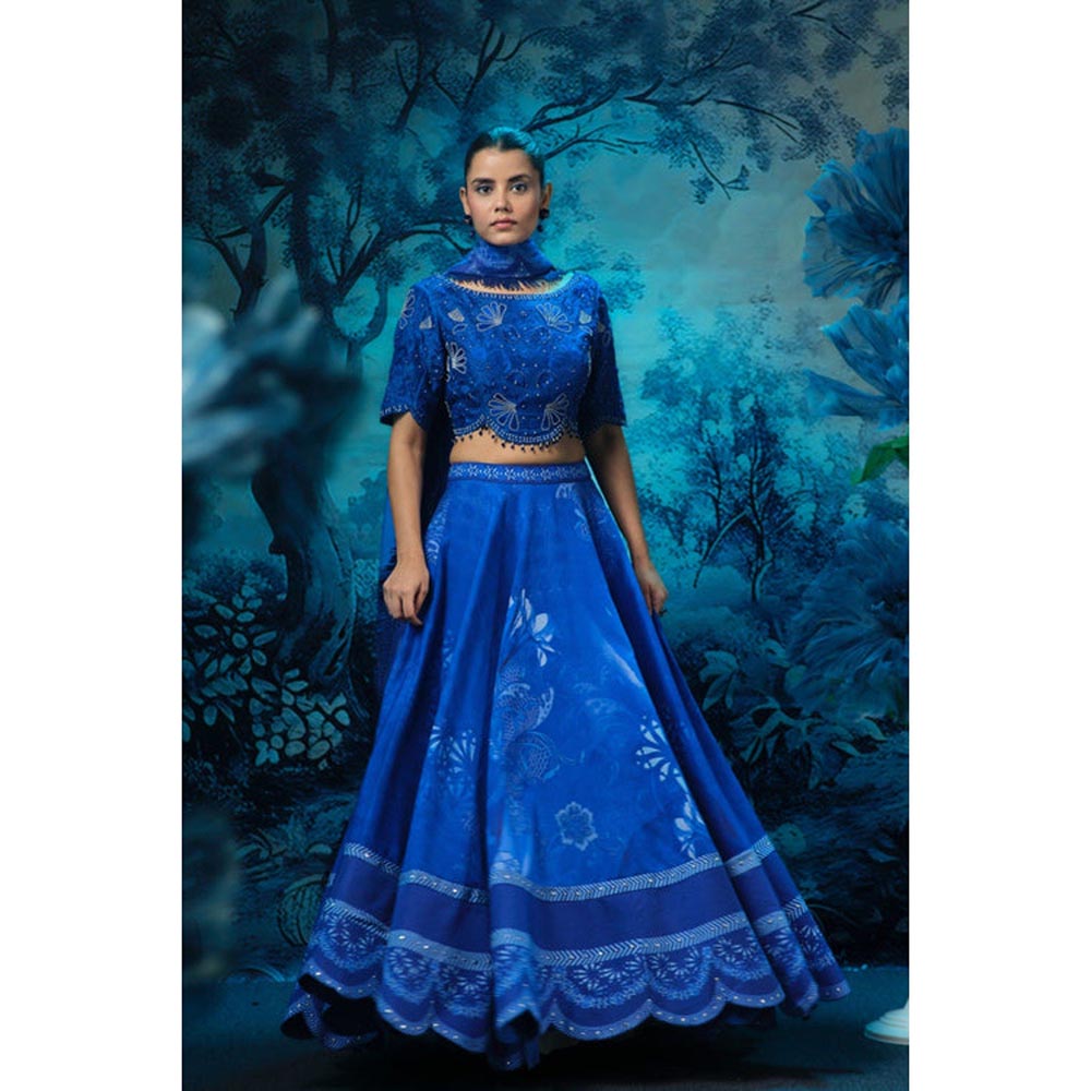 MANDIRA WIRK Indigo Mirage Cluster Lehenga Blouse with Dupatta