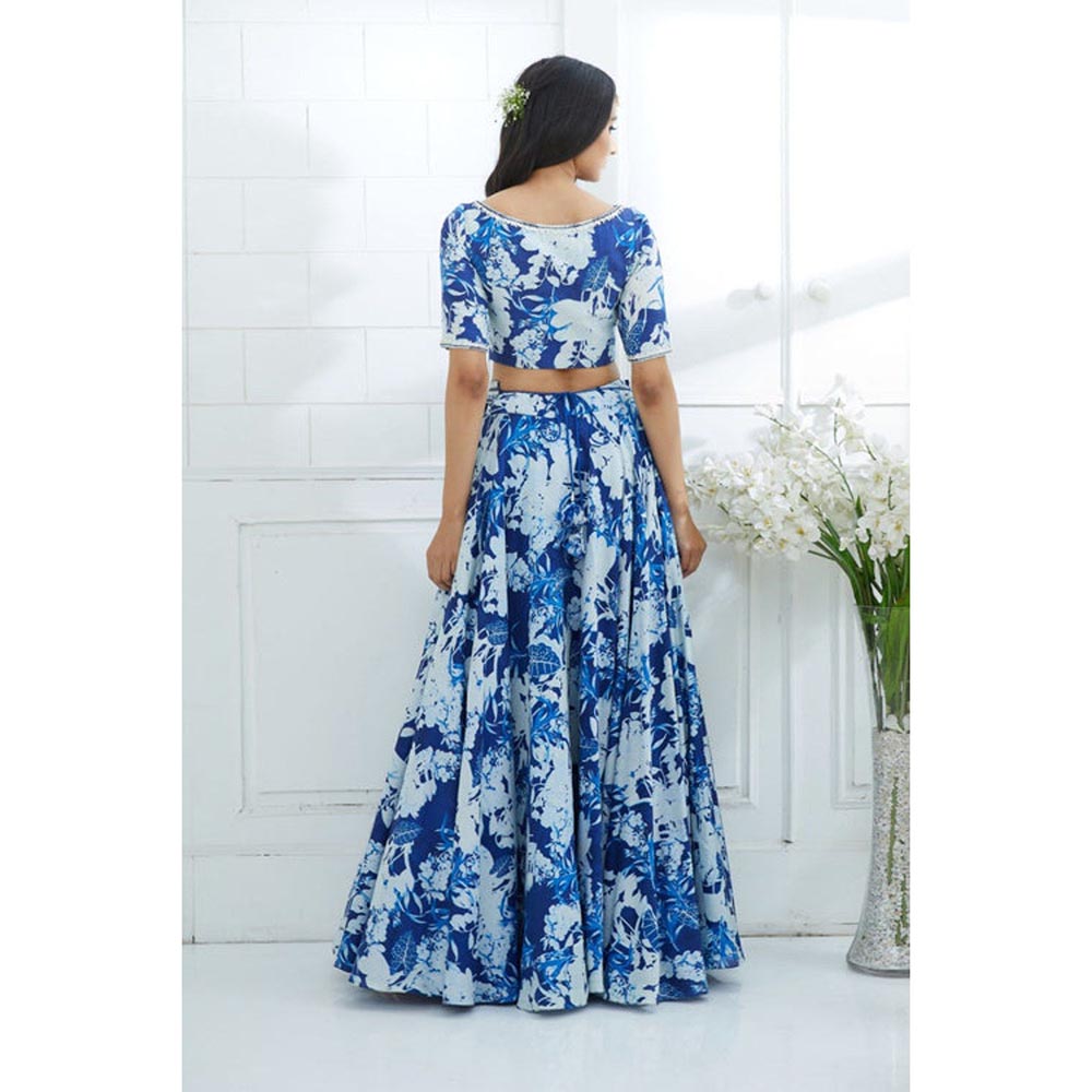 MANDIRA WIRK Blue Printed Embroidered Blouse And Lehenga