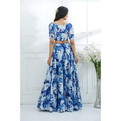MANDIRA WIRK Blue Printed Embroidered Blouse And Lehenga