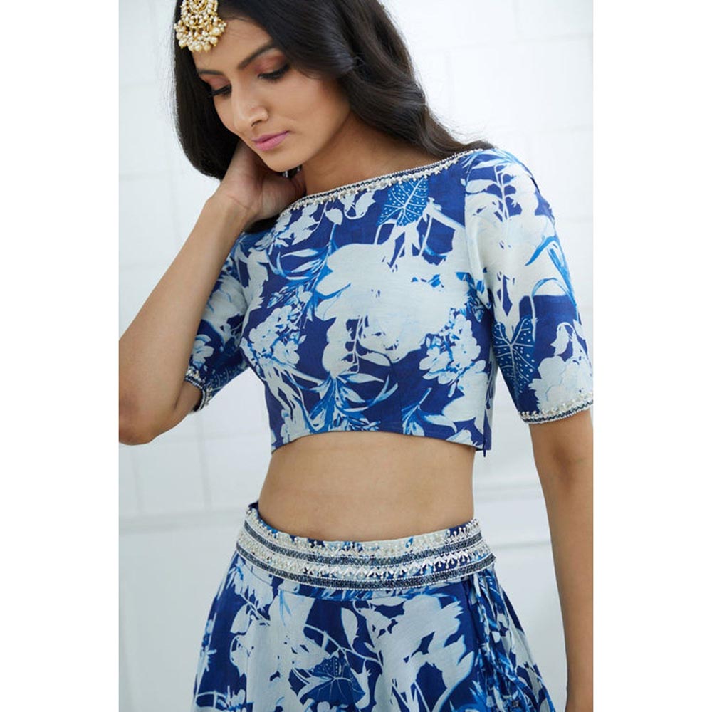MANDIRA WIRK Blue Printed Embroidered Blouse And Lehenga