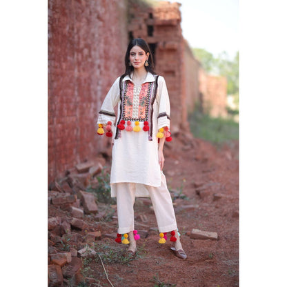 Mani Dua Khanna Ivory Tassel Cotton Kurta with Pant (Set of 2)
