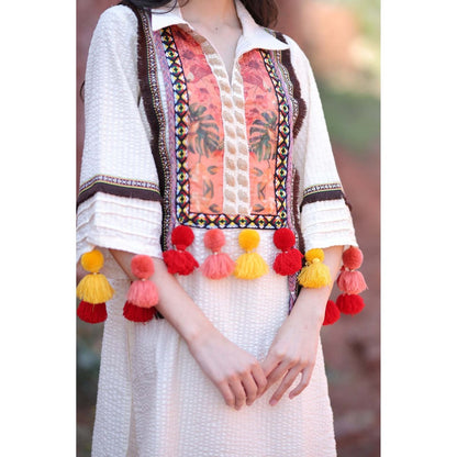 Mani Dua Khanna Ivory Tassel Cotton Kurta with Pant (Set of 2)
