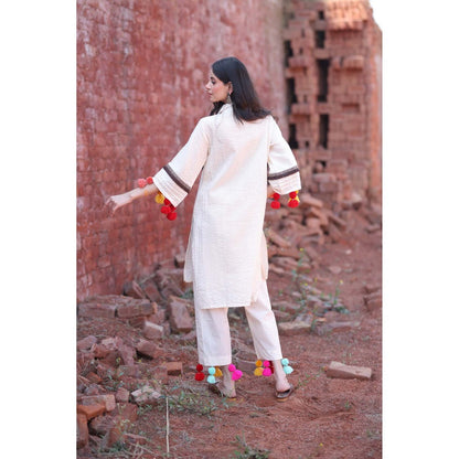Mani Dua Khanna Ivory Tassel Cotton Kurta with Pant (Set of 2)