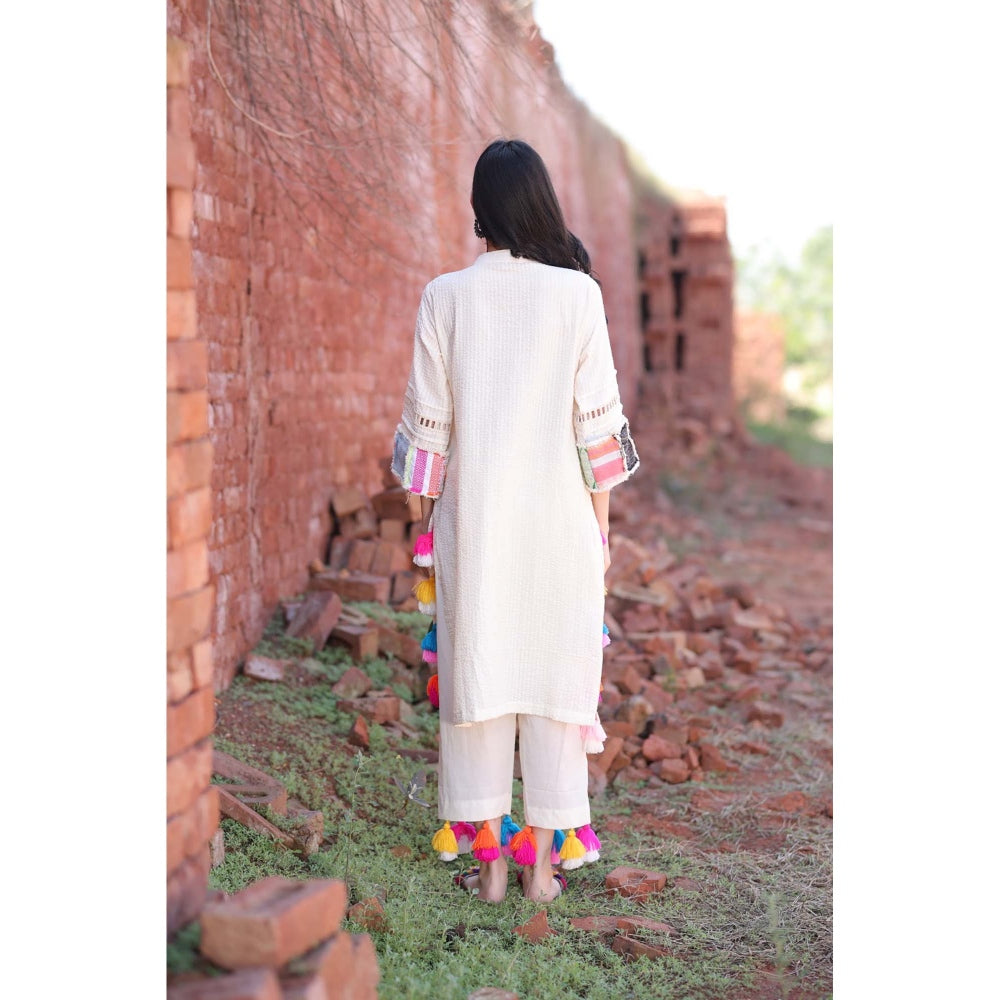 Mani Dua Khanna Boho Styled Ivory Embroidered Kurta with Pant (Set of 2)