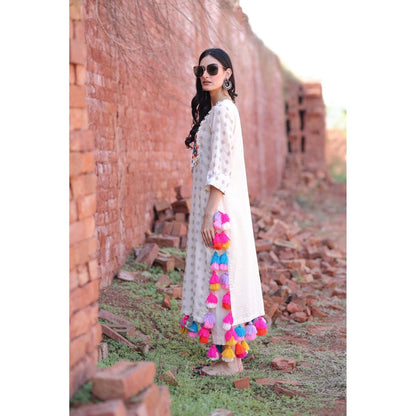 Mani Dua Khanna Ivory Mirror Work Tassels Kurta with Pant (Set of 2)
