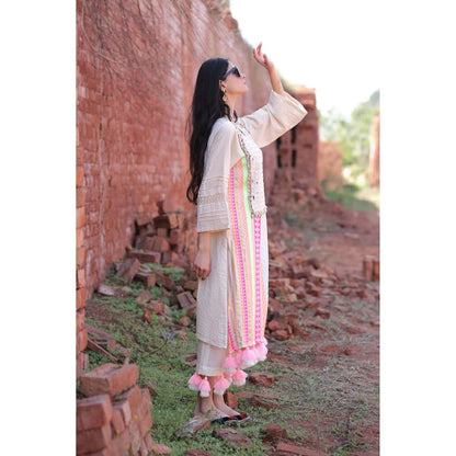 Mani Dua Khanna Ivory Mirror Work Tassels Kurta with Pant (Set of 2)