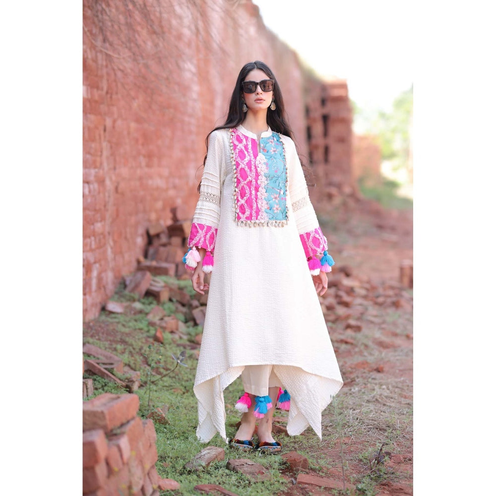 Mani Dua Khanna Ivory Patchwork Yoke High-Low Kurta with Pant (Set of 2)