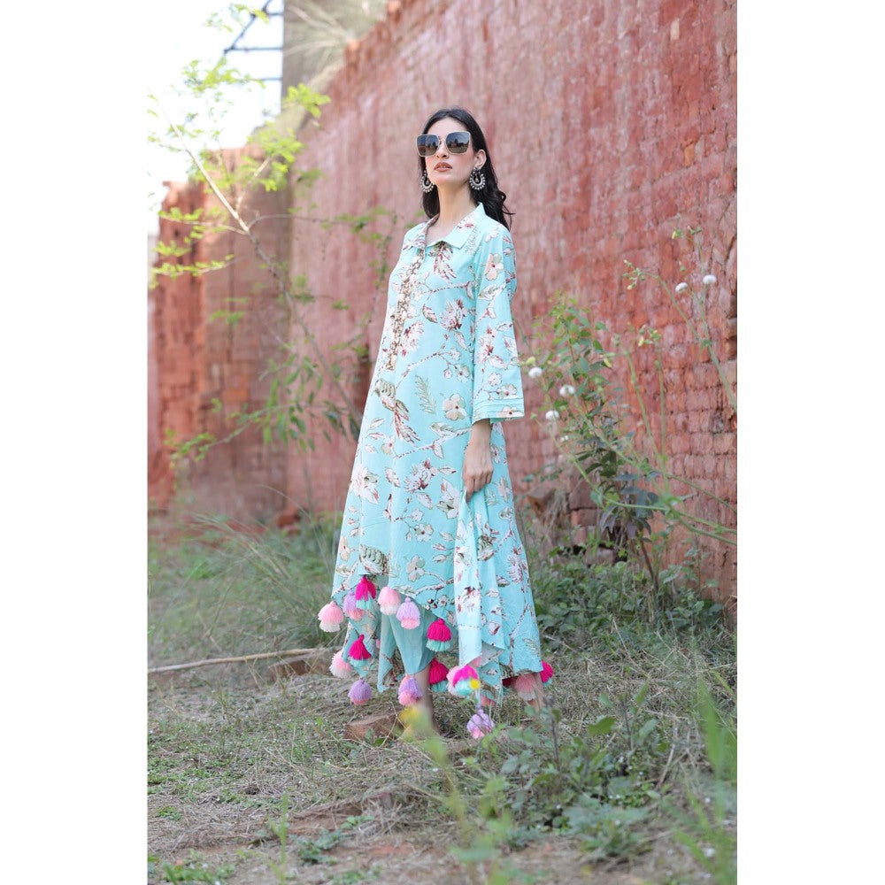 Mani Dua Khanna Aqua Bird Print Kurta with Pant (Set of 2)