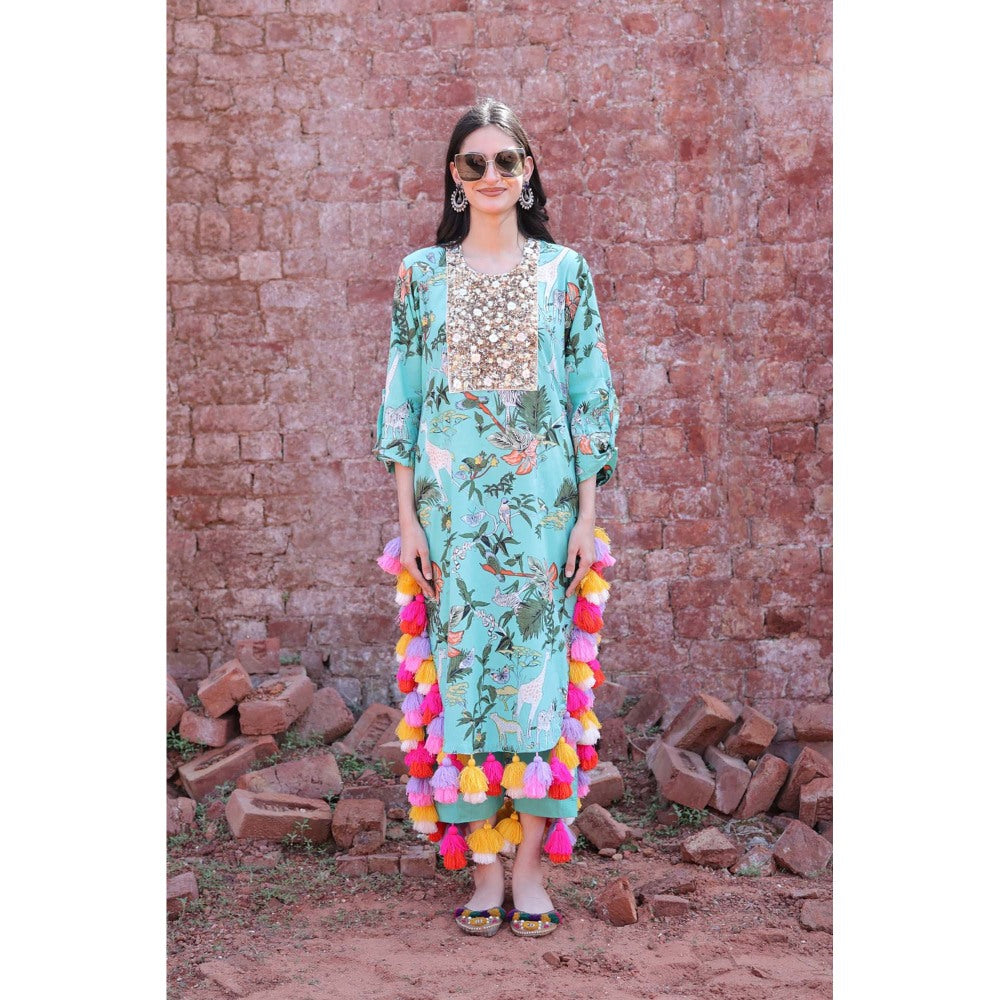 Mani Dua Khanna Green Tropical Tassel Dream Kurta with Pant (Set of 2)