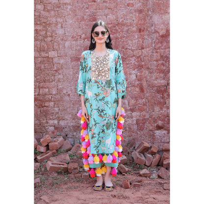 Mani Dua Khanna Green Tropical Tassel Dream Kurta with Pant (Set of 2)