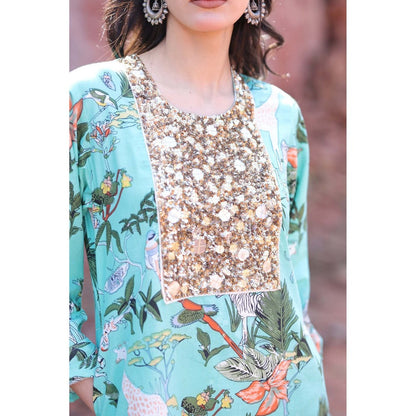 Mani Dua Khanna Green Tropical Tassel Dream Kurta with Pant (Set of 2)
