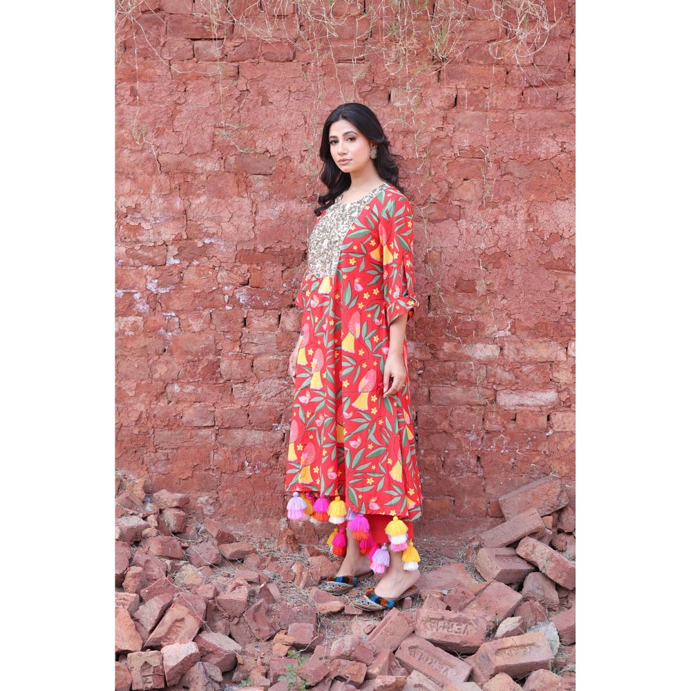 Mani Dua Khanna Red Tropical Parrot Print Kurta with Pant (Set of 2)