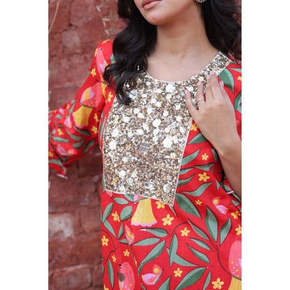 Mani Dua Khanna Red Tropical Parrot Print Kurta with Pant (Set of 2)