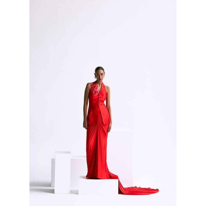 Manika Nanda Red Halter Jacket With Draped Skirt (Set of 2)