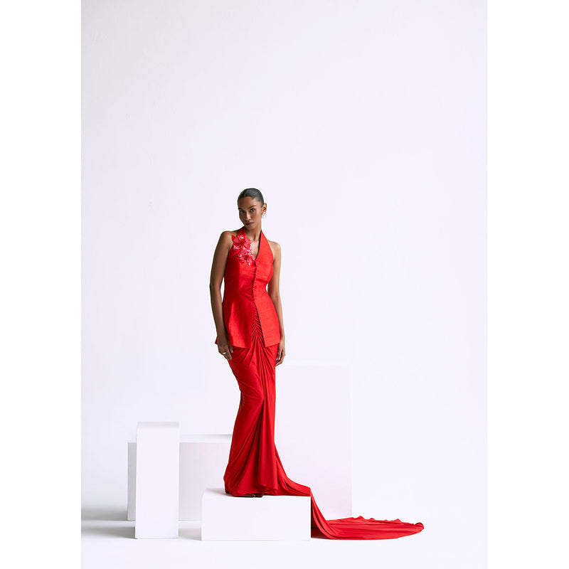 Manika Nanda Red Halter Jacket With Draped Skirt (Set of 2)