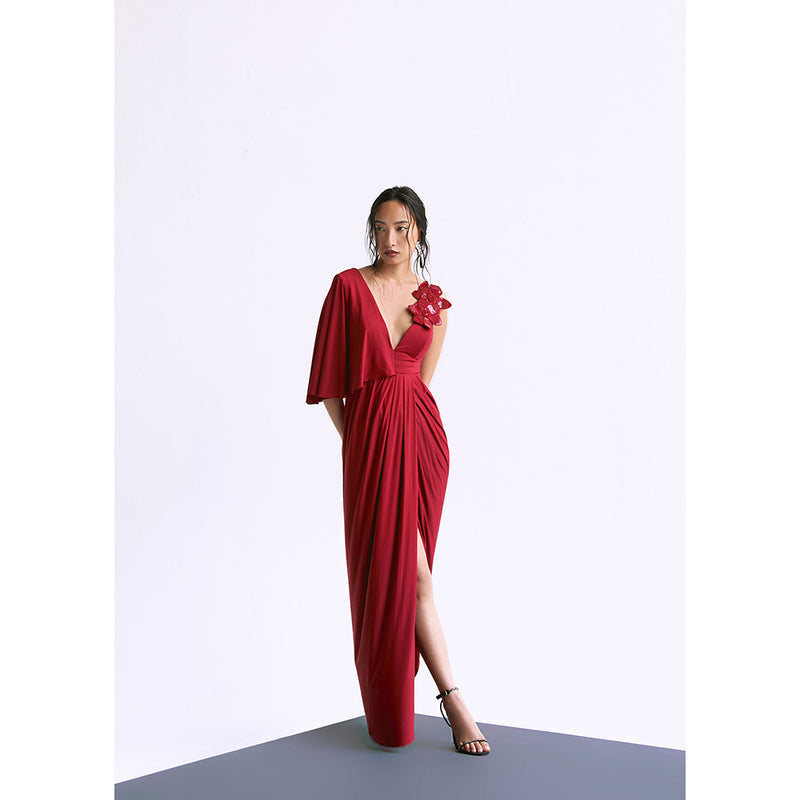 Manika Nanda Red Plunge Overlap Gown