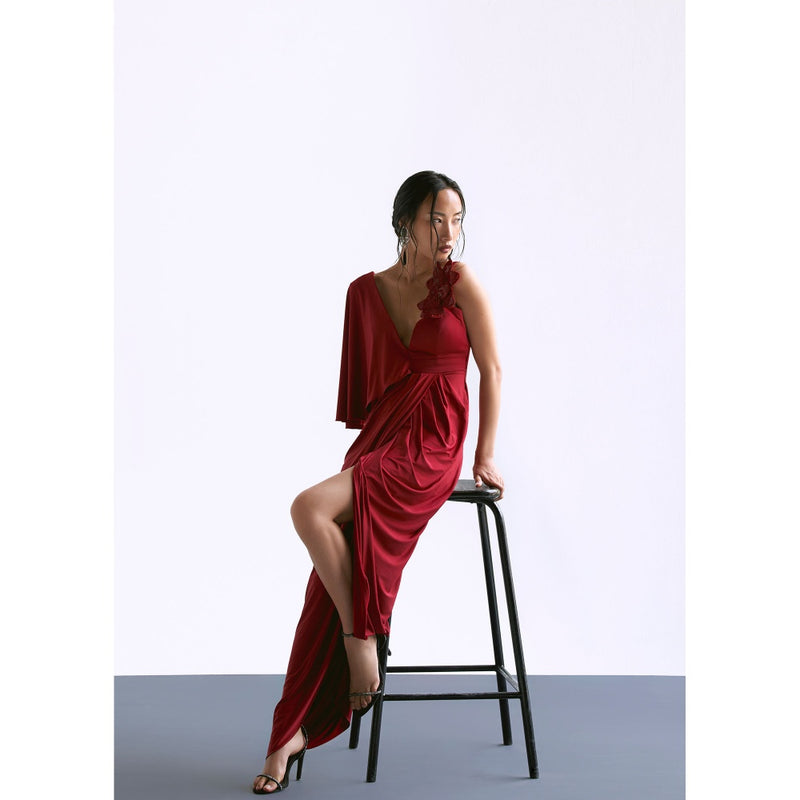 Manika Nanda Red Plunge Overlap Gown
