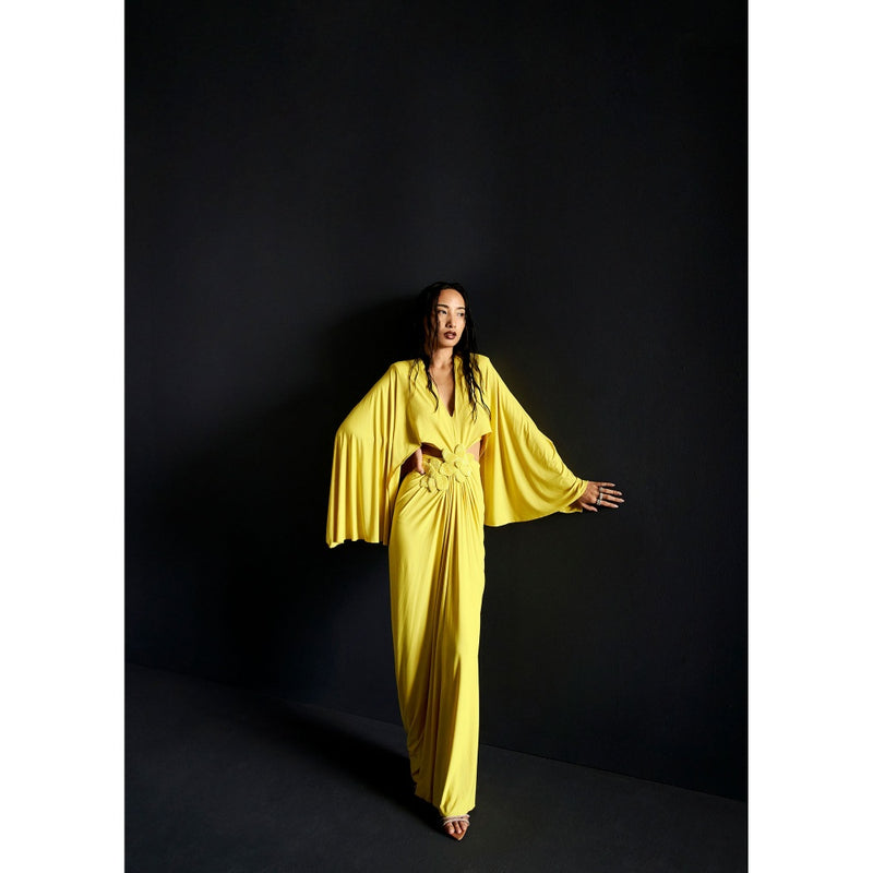 Manika Nanda Yellow Batwing Sleeve Cutout Gown