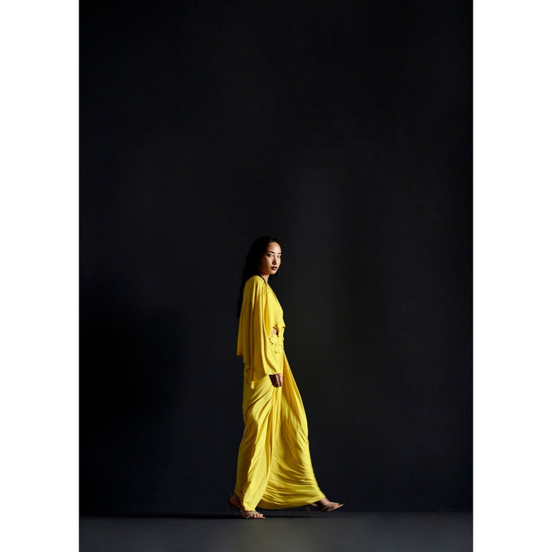 Manika Nanda Yellow Batwing Sleeve Cutout Gown
