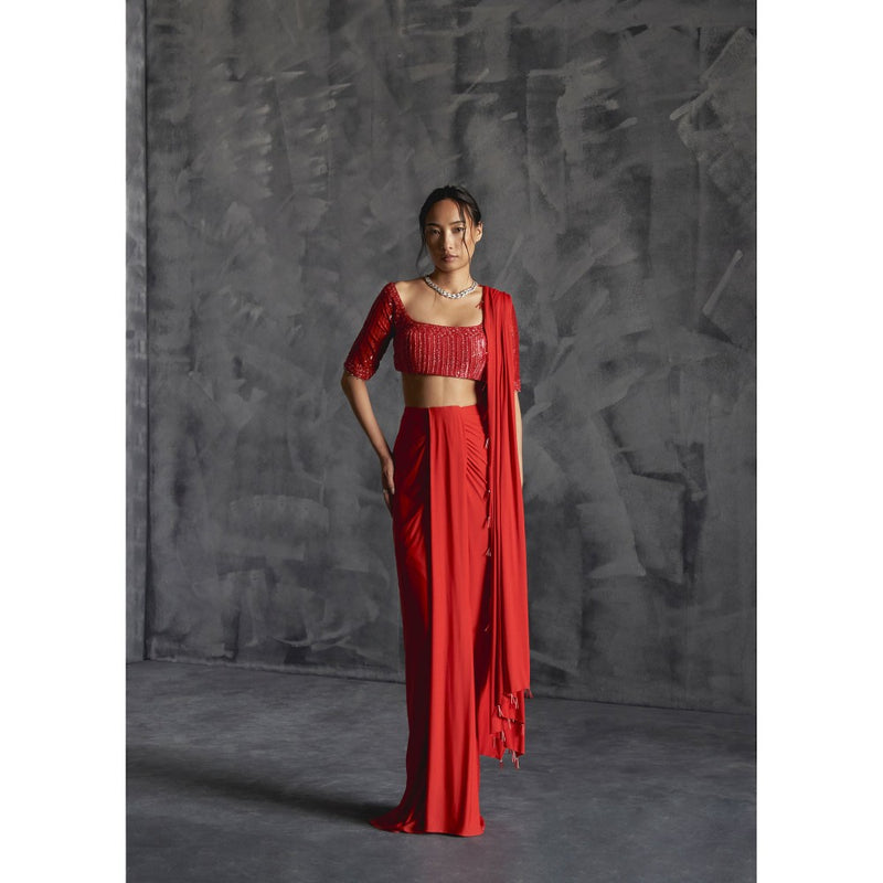 Manika Nanda Red Pleated Draped Skirt With Embellished Blouse And Dupatta (Set of 3)