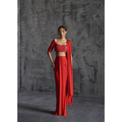 Manika Nanda Red Pleated Draped Skirt With Embellished Blouse And Dupatta (Set of 3)