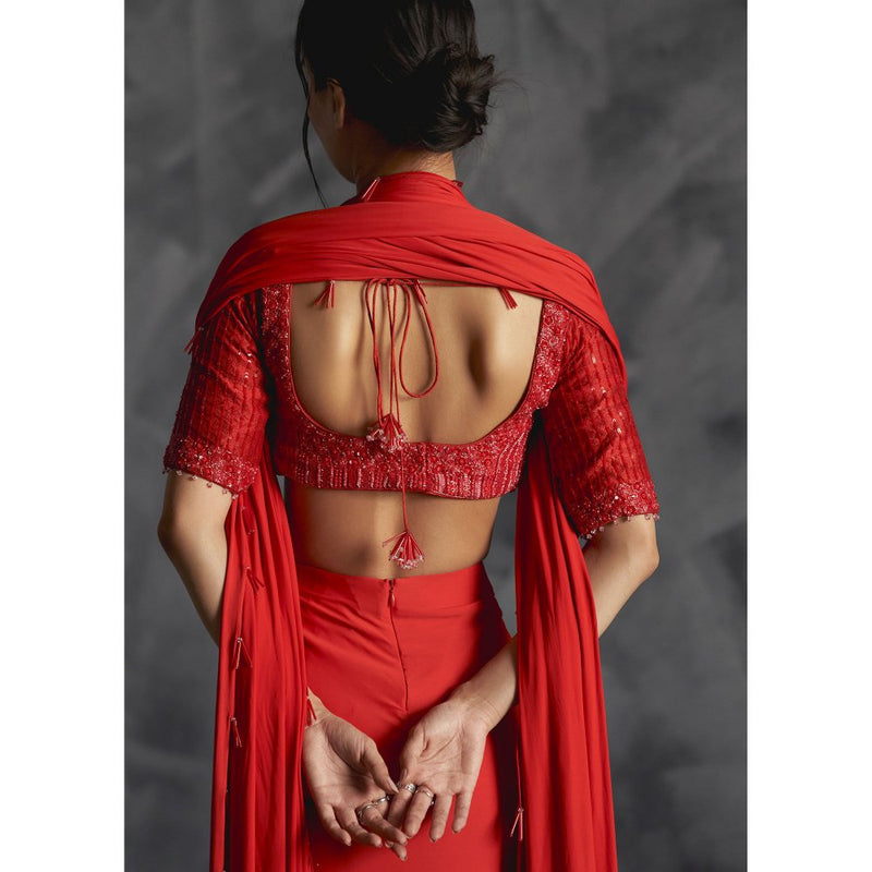 Manika Nanda Red Pleated Draped Skirt With Embellished Blouse And Dupatta (Set of 3)
