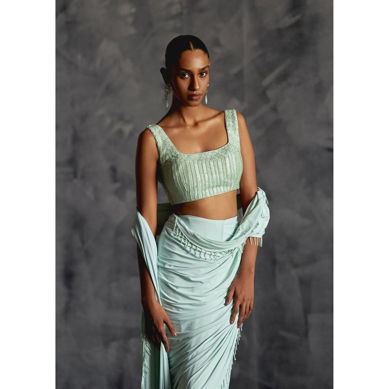 Manika Nanda Green Pre Draped Saree with Stitched Blouse