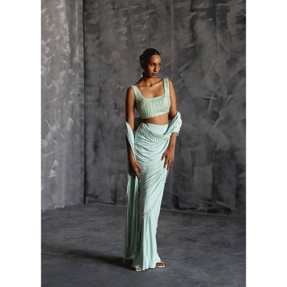 Manika Nanda Green Pre Draped Saree with Stitched Blouse