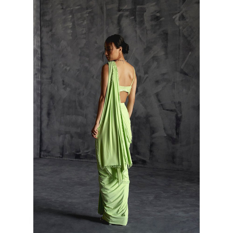 Manika Nanda Green High Slit Pre Draped Saree with Stitched Blouse
