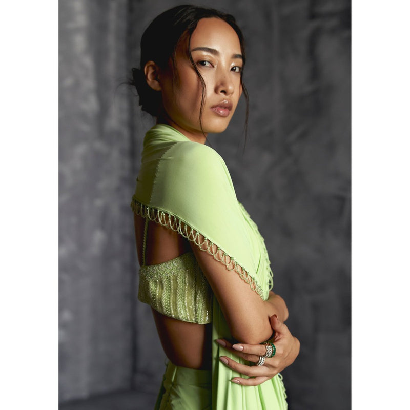 Manika Nanda Green High Slit Pre Draped Saree with Stitched Blouse