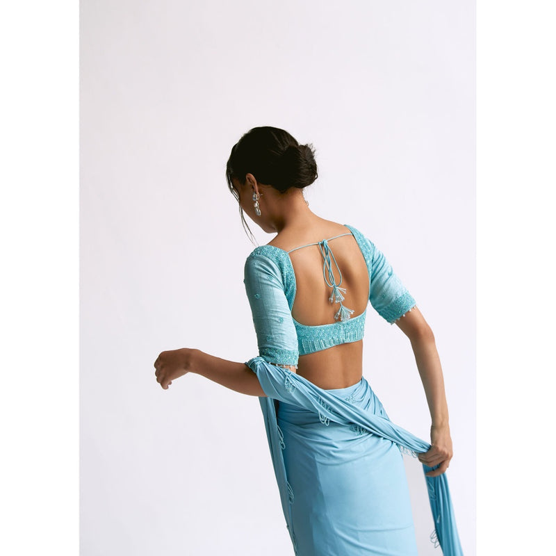 Manika Nanda Blue Pre Draped Saree with Stitched Blouse