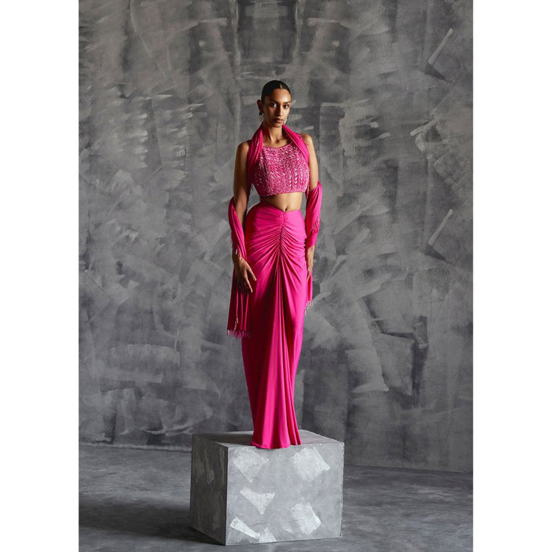 Manika Nanda Pink Gathered Skirt With Embellished Crop Top And Dupatta (Set of 3)