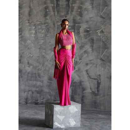 Manika Nanda Pink Gathered Skirt With Embellished Crop Top And Dupatta (Set of 3)