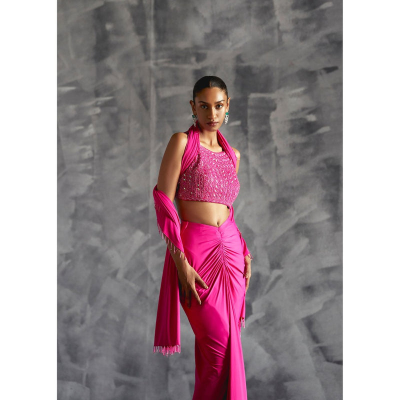 Manika Nanda Pink Gathered Skirt With Embellished Crop Top And Dupatta (Set of 3)