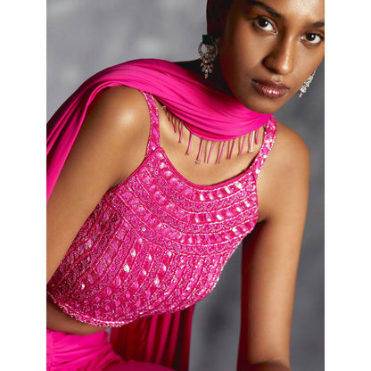 Manika Nanda Pink Gathered Skirt With Embellished Crop Top And Dupatta (Set of 3)