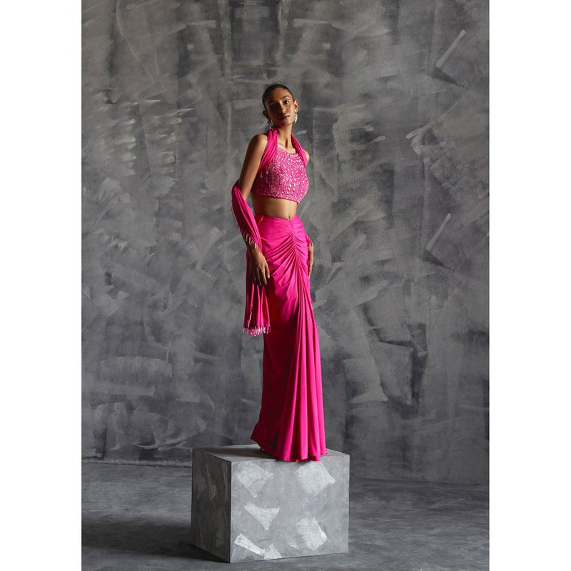 Manika Nanda Pink Gathered Skirt With Embellished Crop Top And Dupatta (Set of 3)