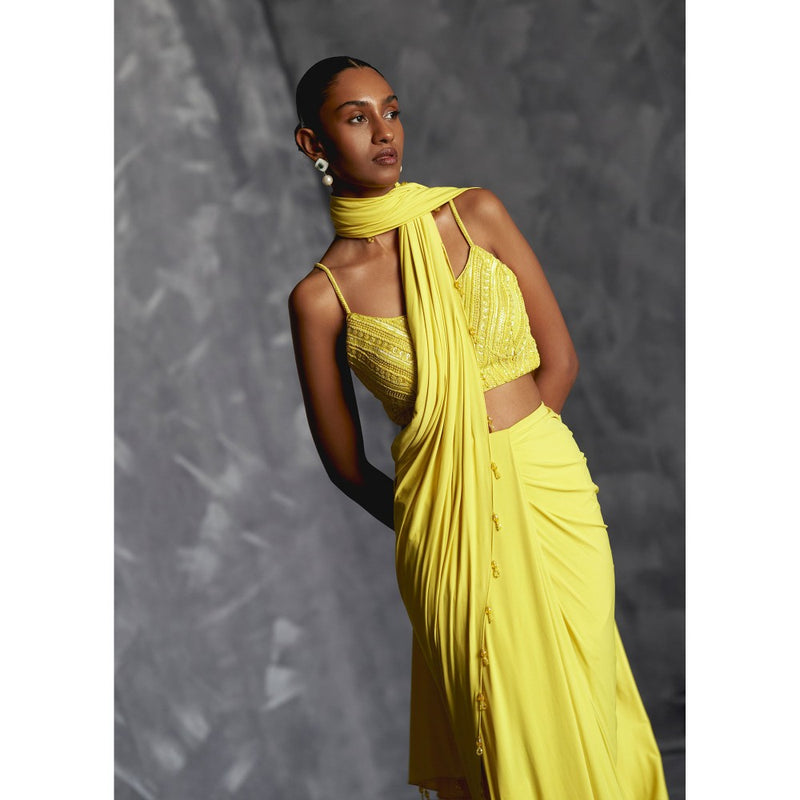 Manika Nanda Yellow Embellished Pre Draped Saree with Stitched Blouse